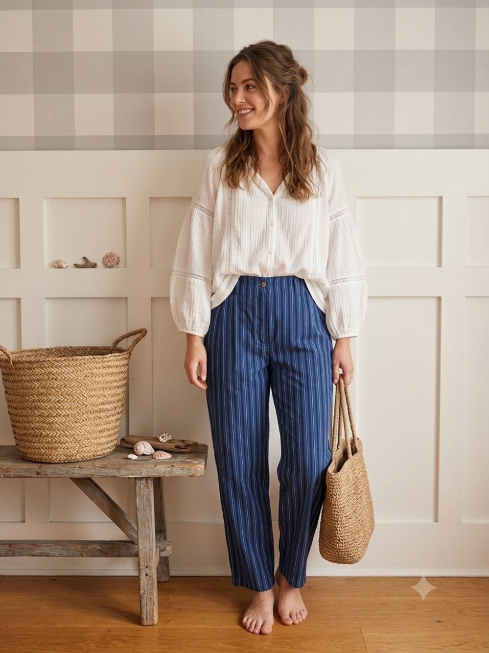 Vintage Striped Relaxed Straight-Leg Trousers — Navy Blue‎ 14